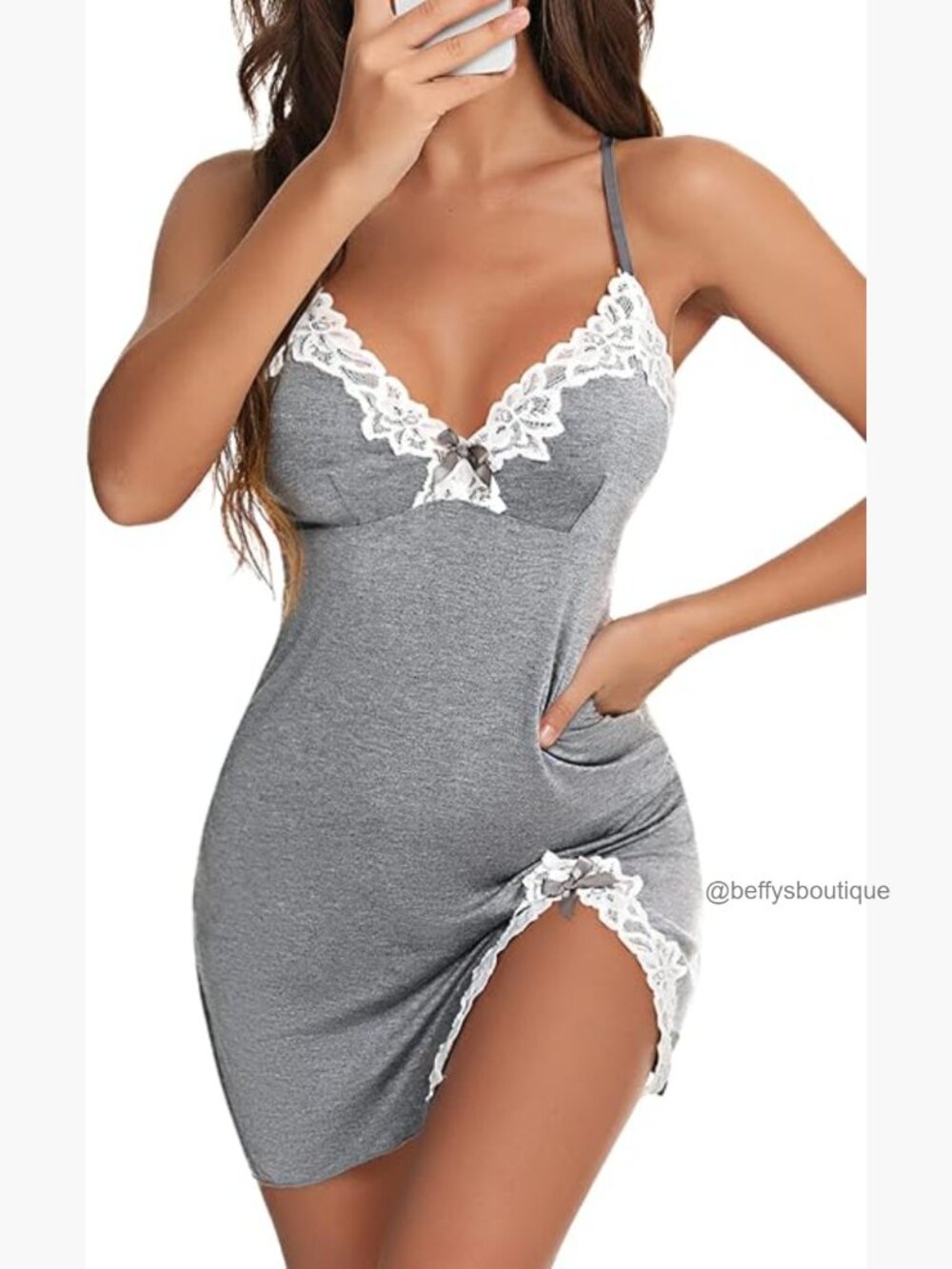 Grey Lace-Trim Chemise Slip